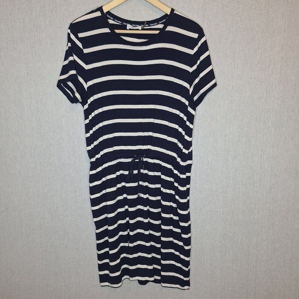 💙 Calvin Klein Soft Striped T-Shirt Dress Cinched Waist Size M/L Stretch Preppy